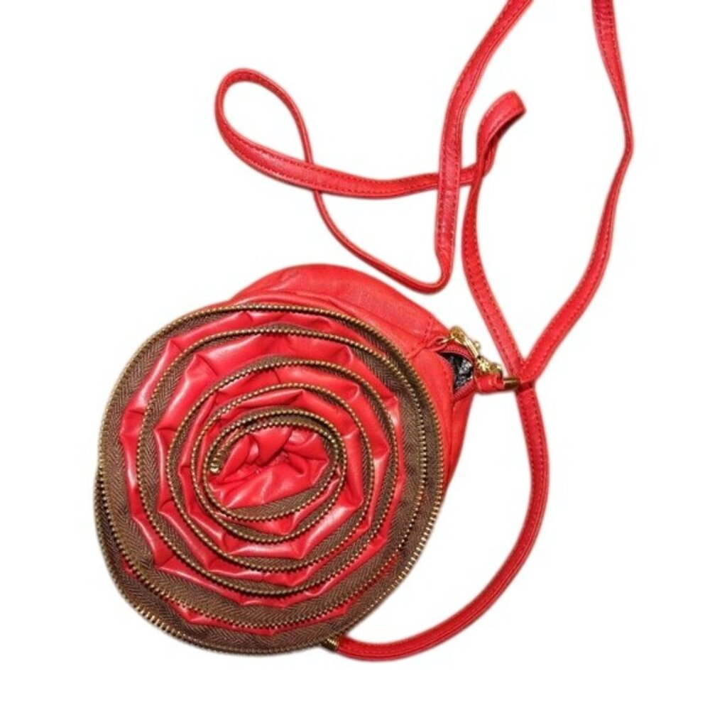 Red Spiral Zipper Round Crossbody Bag W/Adjustable Strap & Lace-Lined Interior